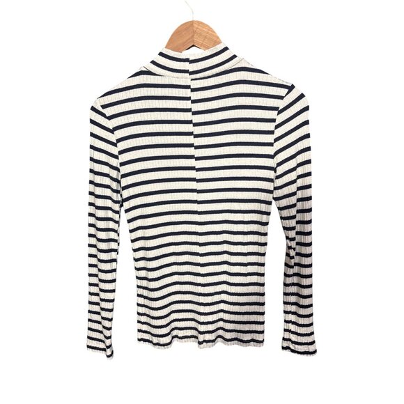 Frame Womens 70s Striped Ribbed Long Sleeve Mock Neck Top White & Navy M - Picture 3 of 4